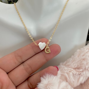 Personalized necklace for bride, Tiny initial necklace, Mother of Pearl necklace, Dainty heart necklace, personalized necklace,