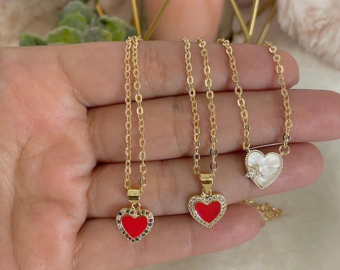 Red Heart Necklace: 18K Gold Plated Charm, Cubic Zirconia
