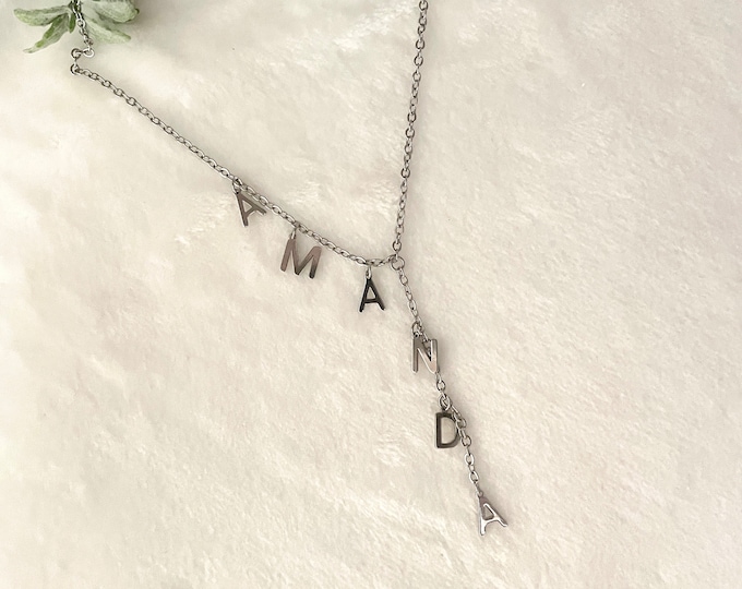 Silver Name Necklace, Hanging Name Necklace, Lariat Name Necklace, Lariat Necklace, Waterfall Name Necklace, Lariat Name Initial Necklace