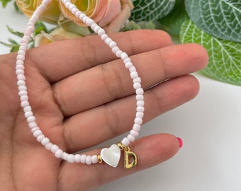 Personalized Seed Bead Choker: Mother of Pearl Heart, Gold Letter