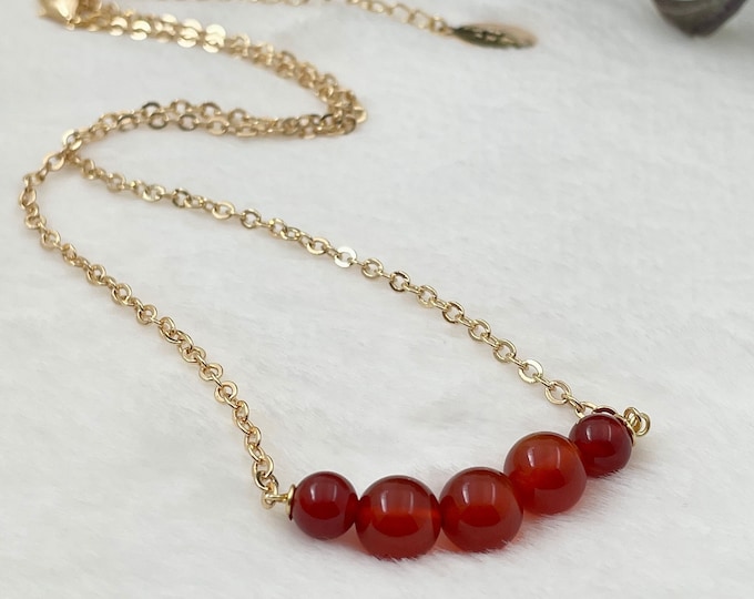 Dainty Carnelian Bead Necklace: Gold Plated Gemstone Bar
