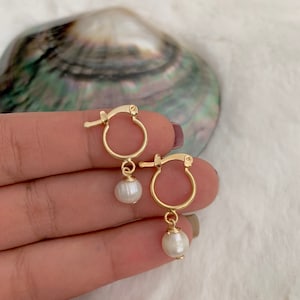 Gold Pearl Hoop Earrings: Dainty Bridal Huggie Hoops