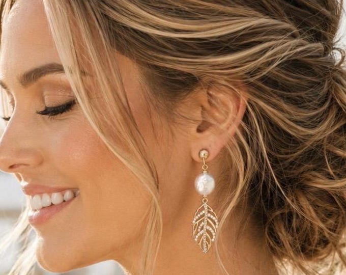Gold Leaf Freshwater Pearl Dangle Earrings, Nature Inspired Bridal Jewelry