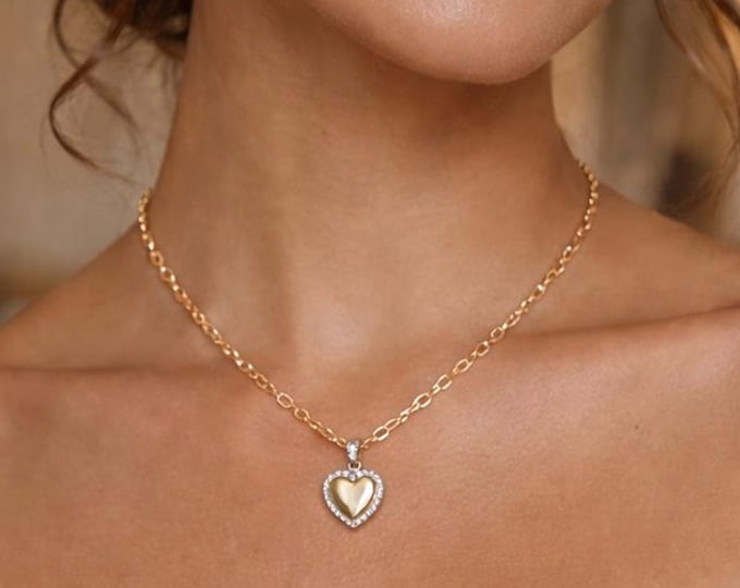 Gold Heart Necklace, Cubic Zirconia Pendant, Dainty Love Necklace
