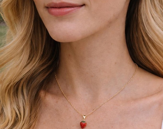 Mini Strawberry Necklace: 18K Gold Plated, Enamel Charm, Tiny strawberry
