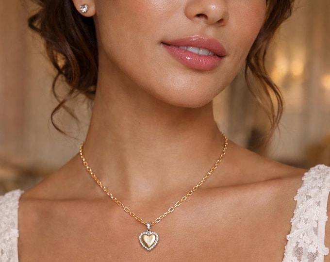 Gold Heart Necklace, Cubic Zirconia Pendant, Dainty Love Necklace