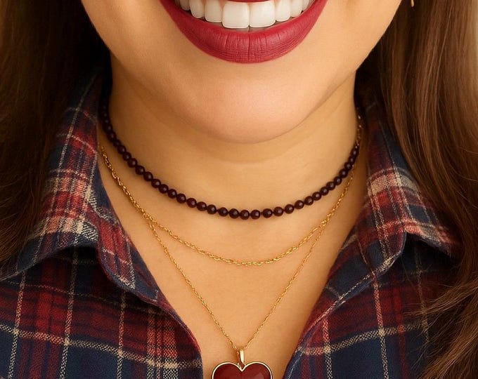 Garnet Bead Choker, 18K Gold Plated, Dainty Red Gemstone
