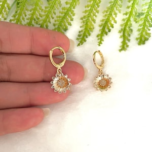 Sunflower earrings, birth flower earrings, flower girl jewelry, charm hoop earrings, hoops earrings with charm, dainty dangle earrings