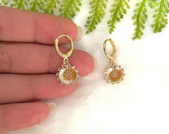 Sunflower earrings, birth flower earrings, flower girl jewelry, charm hoop earrings, hoops earrings with charm, dainty dangle earrings