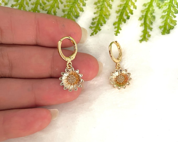 Sunflower earrings, birth flower earrings, flower girl jewelry, charm hoop earrings, hoops earrings with charm, dainty dangle earrings