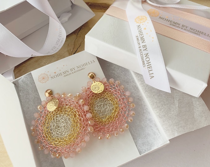 Handmade crochet earrings, Wire crochet jewelry, boho bride earrings, modern earrings unique, big sister gift, rose gold statement earrings