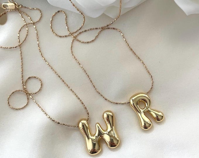 Gold Bubble Letter Initial Necklace: Personalized 18k Plated Pendant
