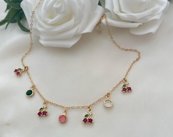 Cherry Necklace, Fruit necklace, Dainty Charm Necklace, Fruit Pendant, Multi Charm Necklace, Gold Charm Necklace, Crystal Charm Necklace