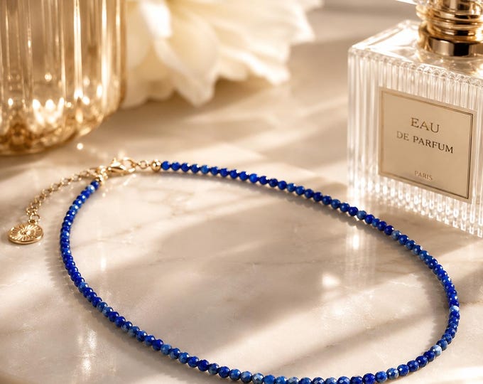 Tiny Lapis Lazuli Necklace, 2mm Natural Lapis Bead Necklace, Dainty Blue Gemstone Choker, Minimalist Layering Necklace, Handmade Gift