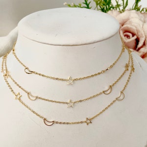 Gold Moon and Star Necklace: Dainty Celestial Choker