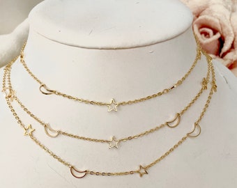 Gold Moon and Star Necklace: Dainty Celestial Choker