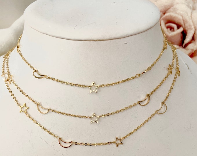 Moon and star necklace, gold moon necklace, gold star necklace, celestial necklace, star choker, dainty moon necklace,