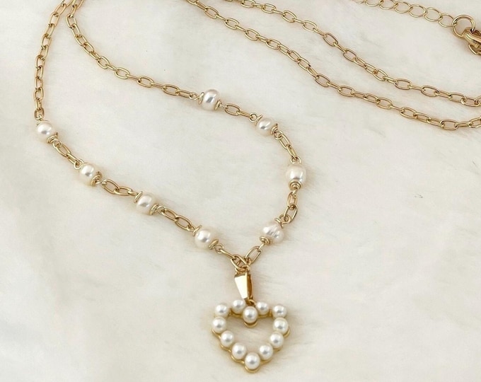 Dainty Heart Necklace, dainty pearl necklace, small heart necklace, cultured pearl necklace, will you be my bridesmaid gift, big sister gift