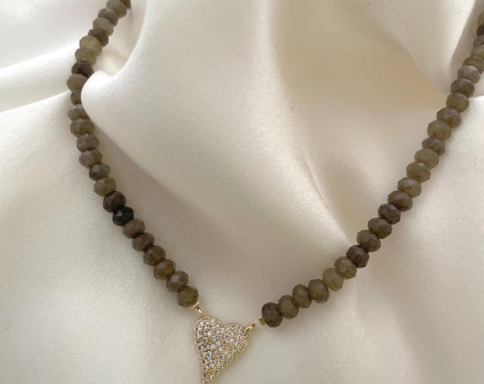 Olive green agate necklace, heart choker, agate necklace, tiny gemstone necklace, green stone necklace, Pave diamond heart necklace