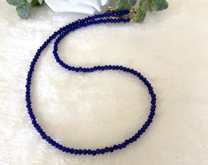 Royal Blue Faceted Crystal Necklace | 3mm Tiny Crystal Bead Choker | Dainty Blue Layering Necklace | Minimalist Beaded Necklace
