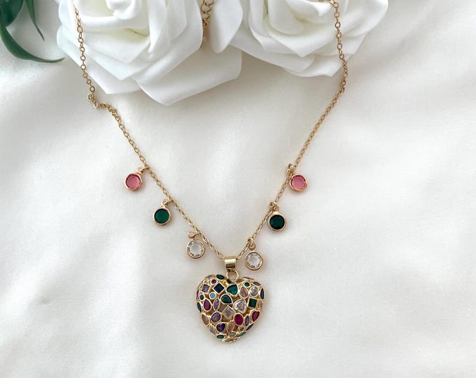 Rainbow heart necklace, multi charm necklace, colorful necklace, crystal charm necklace, multicolor crystal heart necklace, Christmas gift