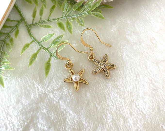 Gold Starfish Earrings, Pearl and CZ Beach Earrings, Cute Dainty Ocean Jewelry, Summer Vacation Earrings, Gift for Her