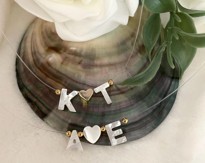 Initial custom necklace, Mother of Pearl initial letter necklace, Transparent fishing nylon thread, Letter necklace, Illusion Necklace