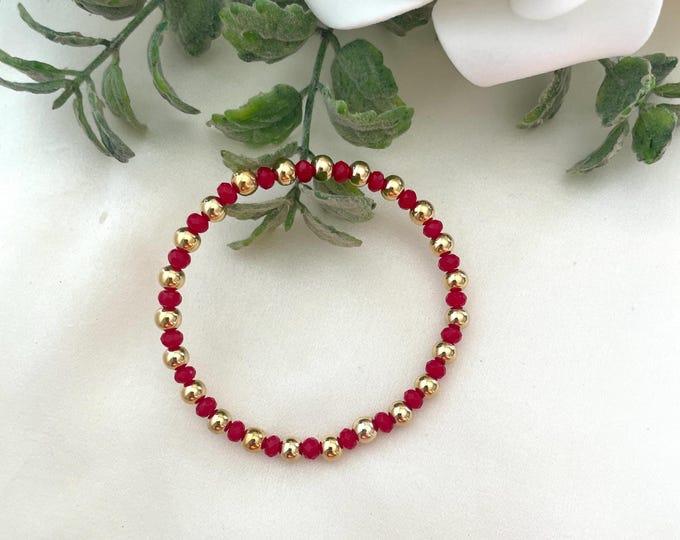 Red Agate Beaded Bracelet, Gold-Plated Ball, Stretchy Gemstone, Handmade