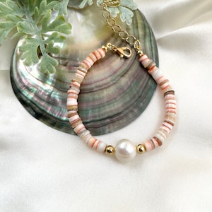 Puka Shell Bracelet: Freshwater Pearl, Gold Plated Boho Jewelry