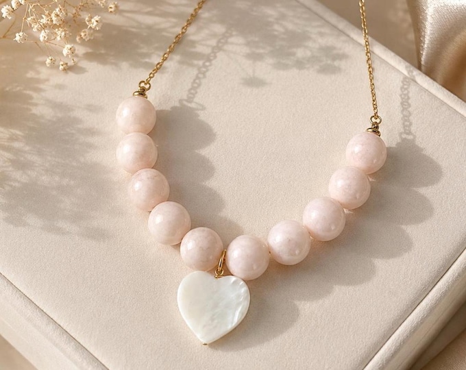 Light Pink Agate Gemstone Necklace, Mother of Pearl Heart Pendant, 18K Gold Plated Chain