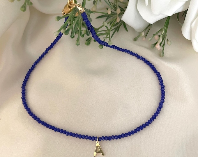 Royal Blue Crystal Initial Necklace: 18K Gold Letter Charm