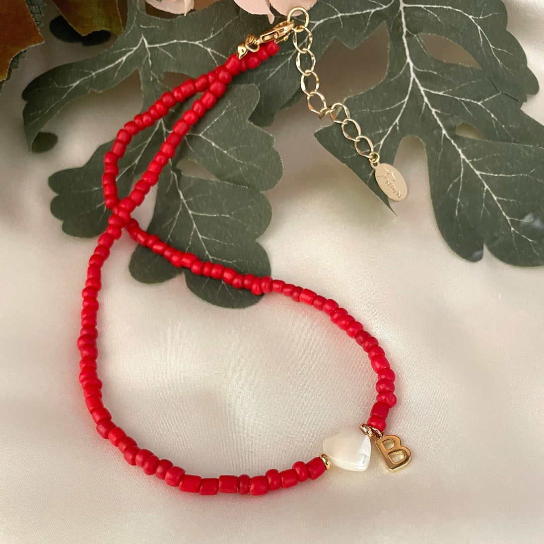 Red Seed Bead Necklace, Personalized Necklace, Heart Choker, Seed Bead