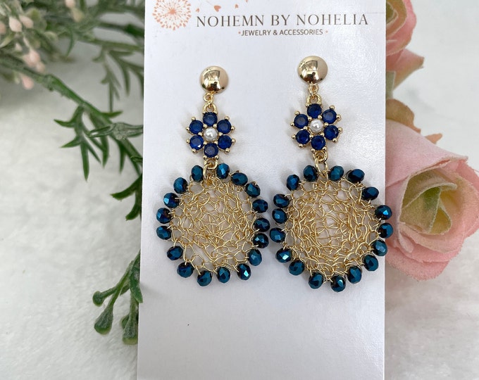 Dark blue earrings, navy blue dangle earrings, daisy earrings, wire crochet earring, long bridal earrings, bridal drop earrings