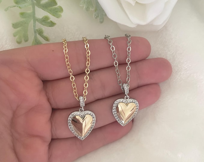 Gold Heart Necklace, Cubic Zirconia Pendant, Dainty Love Necklace