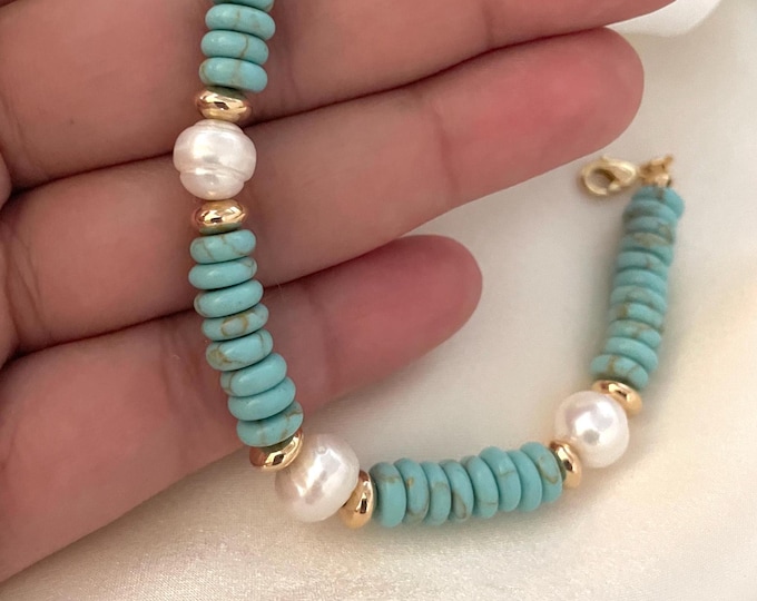 Turquoise Anklet: Freshwater Pearl & Gold-Plated Bohemian Anklet