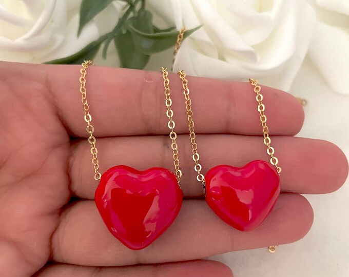 Red heart necklace, puffy heart chain, couples necklace, love you more, valentine love necklace, date necklace, anniversary necklace