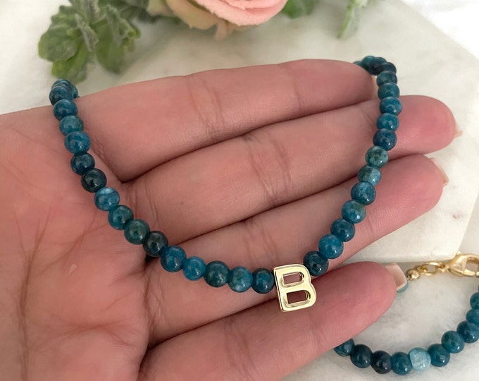Birthstone Gem with Initial Necklace, Aquamarine Gold Necklace, Personalized Initial Birthstone Necklace, Initial Necklace With Stones
