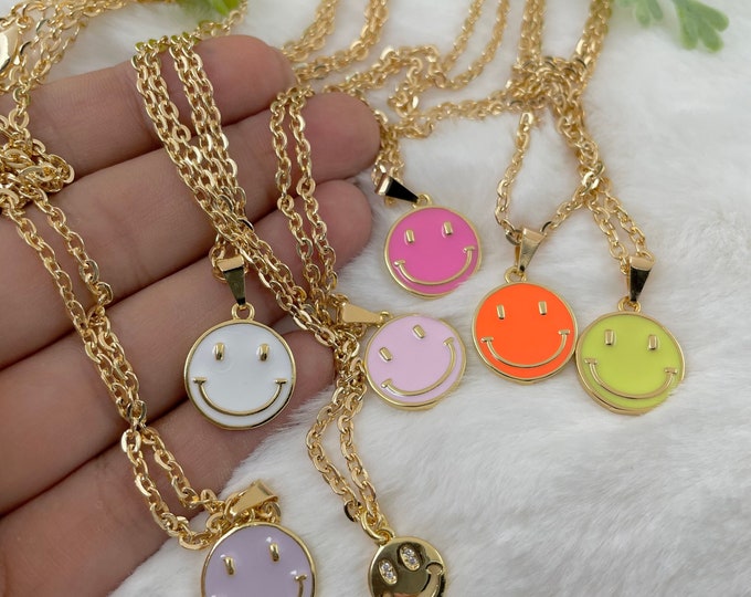 Gold Smiley Face Necklace: Enamel Charm, Mindfulness Gift