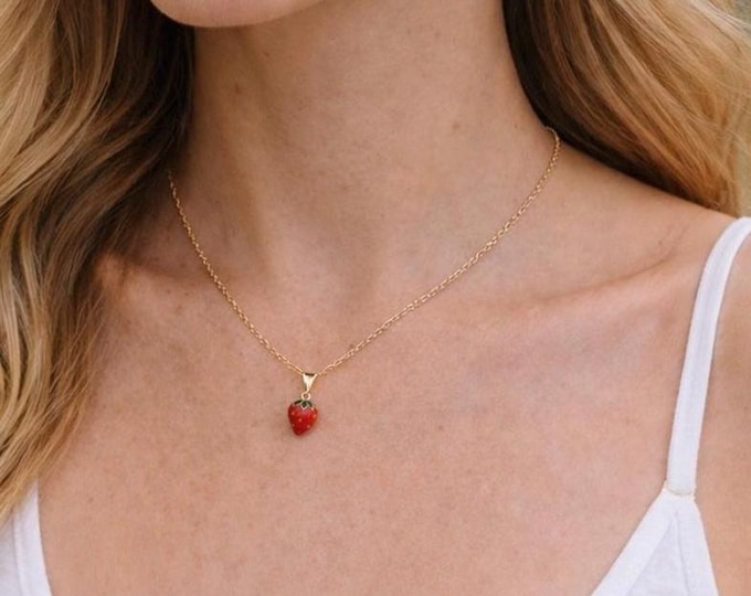 Mini Strawberry Necklace: 18K Gold Plated, Enamel Charm, Tiny strawberry
