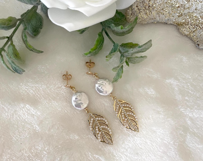 Gold Leaf Freshwater Pearl Dangle Earrings, Nature Inspired Bridal Jewelry
