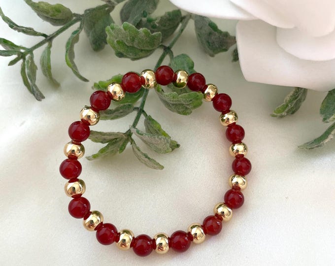 Carnelian Gemstone Bracelet: Dainty Gold Bead Stretchy Jewelry