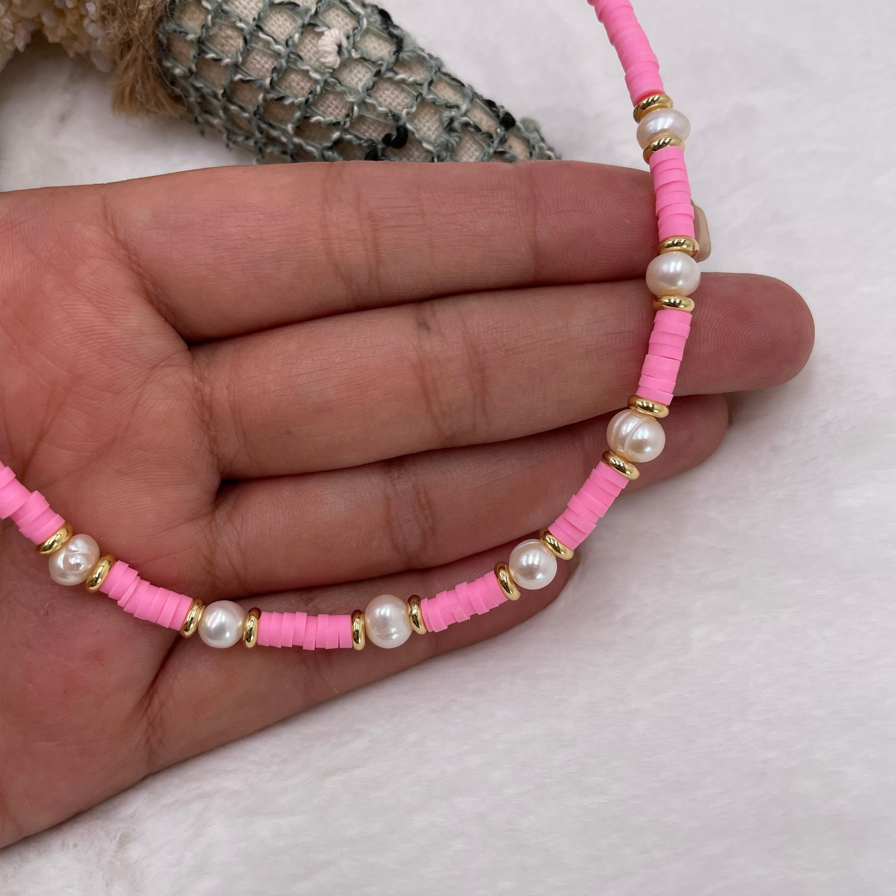 Heishi bead necklace women, vinyl heishi beads, Pink statement necklace,  Polymer Clay Necklace, choker for women, Polymer Bead Necklace