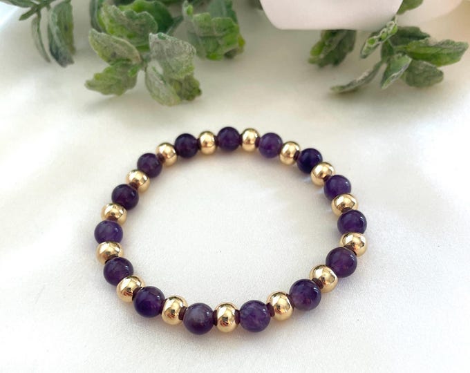 Amethyst Beaded Bracelet, Gold Accent, Handmade Stretchy Jewelry