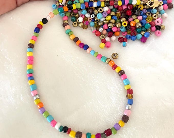 Rainbow Seed Bead Choker, Multicolor Boho Beach Layering Necklace, 18k Gold Plated Clasp