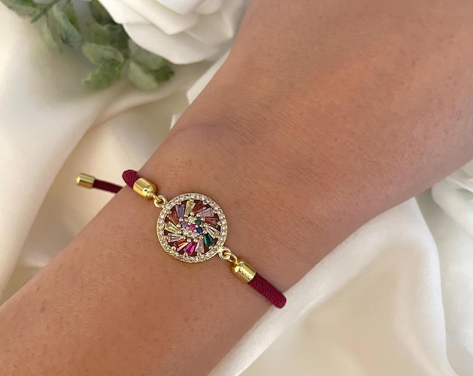Burgundy Cord Bracelet, Gold Multicolor Cubic Zirconia Charm