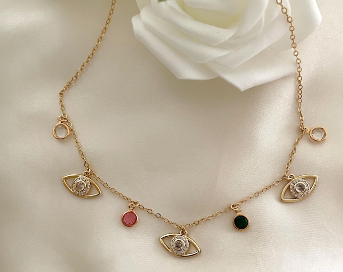 Gold Evil Eye necklace, Multi Charm Necklace, Gold Charm Necklace, Cubic Zirconia Evil Eye Necklace, Crystal Charm Necklace, Meaningful Gift