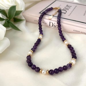 Amethyst & Pearl Bead Necklace: Gold Plated Natural Stone Choker