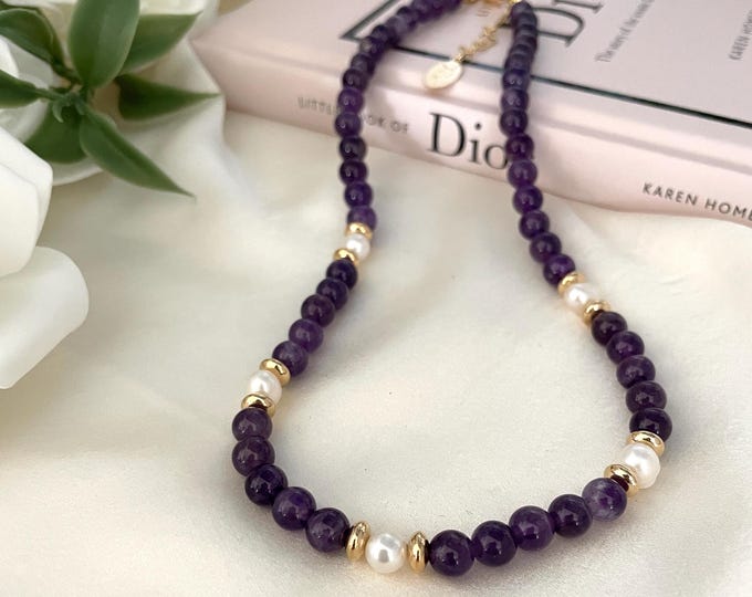 Amethyst Bead Necklace, Amethyst Choker, Natural Freshwater Pearl Necklace, Natural Stone Necklace, Amethyst Crystal Necklace,