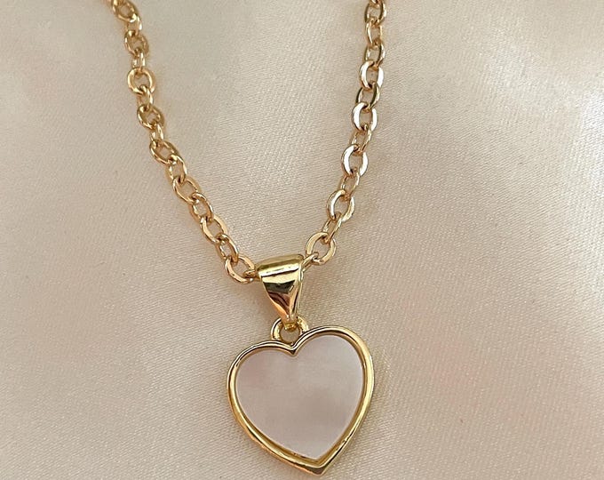 Gold Mother of Pearl Heart Necklace, Dainty Bridesmaid Gift