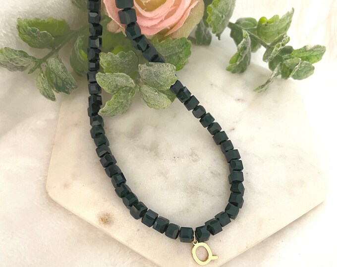 Custom initial necklace, hunter green necklace, initial necklace, hunter green choker, green beaded necklace, forest green necklace